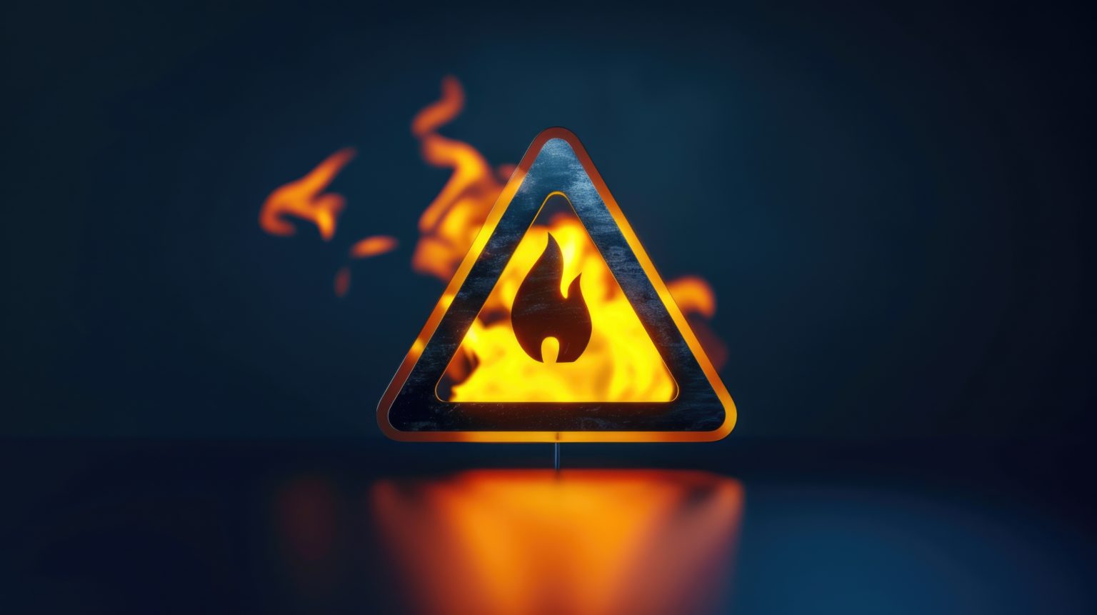 A warning sign with a fire in the background. Suitable for fire safety